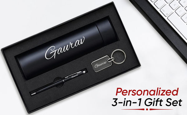 Personalized 3-in-1 Gift Set | Customized Water Bottle with Metal Keychain & Pen – Premium Gift Box